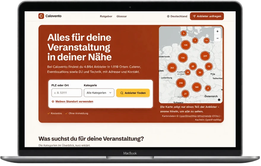 Calovento, Verzeichnis für Catering, Eventlocations, DJ und Technik, mit Suche und Karte auf einem Laptop