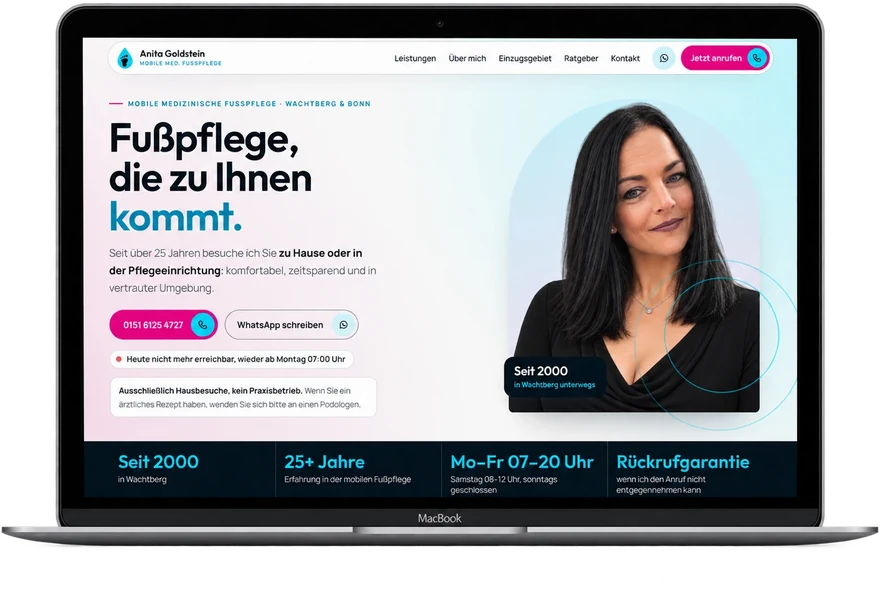 Website von Anita Goldstein, mobile medizinische Fußpflege in Wachtberg und Bonn, auf einem Laptop