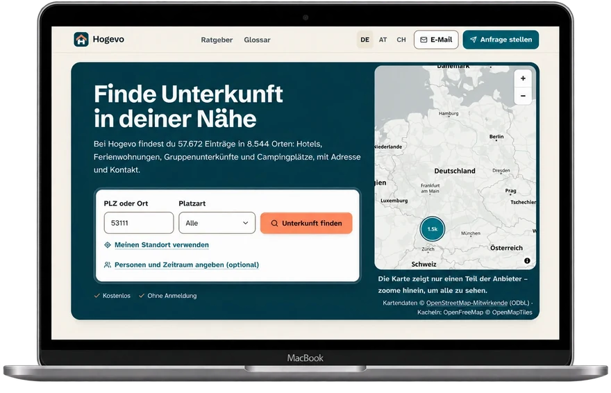 Hogevo, Verzeichnis für Hotels, Ferienwohnungen und Gruppenunterkünfte, mit Suche nach PLZ und Platzart und Karte auf einem Laptop